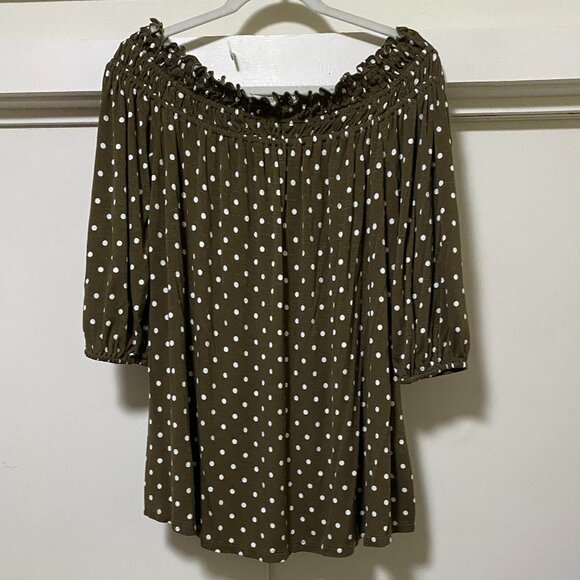 Lane Bryant Tops - Lane Bryant 1/2 sleeve, brown blouse w/white polka dots, size 14/16